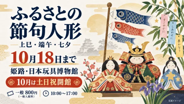 日本玩具博物館の節句人形展は10月18日まで｜10月は土日祝開館、一般800円。日付・会場と参加条件を示したイメージイラスト。
