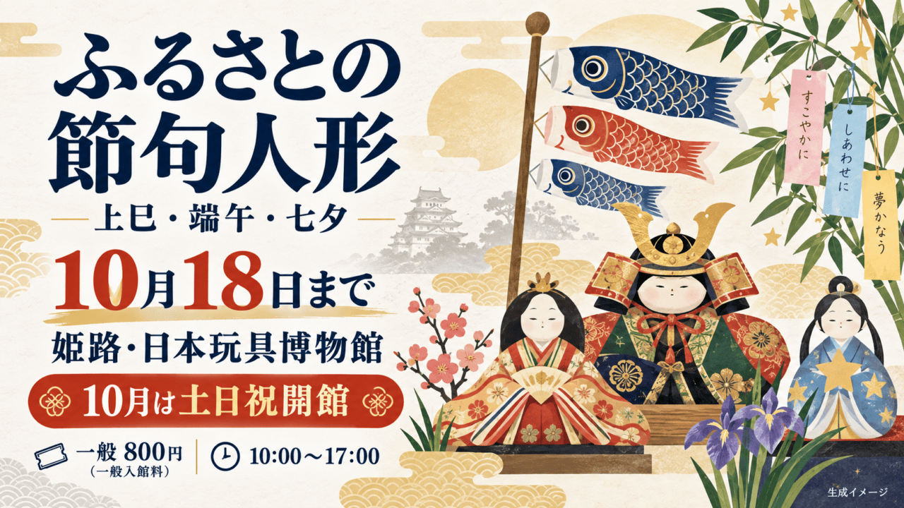 日本玩具博物館の節句人形展は10月18日まで｜10月は土日祝開館、一般800円。日付・会場と参加条件を示した生成イメージ。
