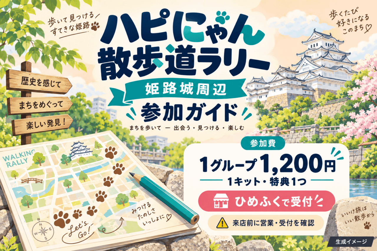 姫路城ハピにゃん散歩道ラリーの参加方法｜1グループ1,200円、ひめふくで受付。日付・会場と参加条件を示した生成イメージ。