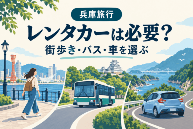 兵庫旅行、レンタカーは必要？街歩き・バス・車を選ぶ。歩く旅行者、バス、車を描いた独自の旅行イラスト。