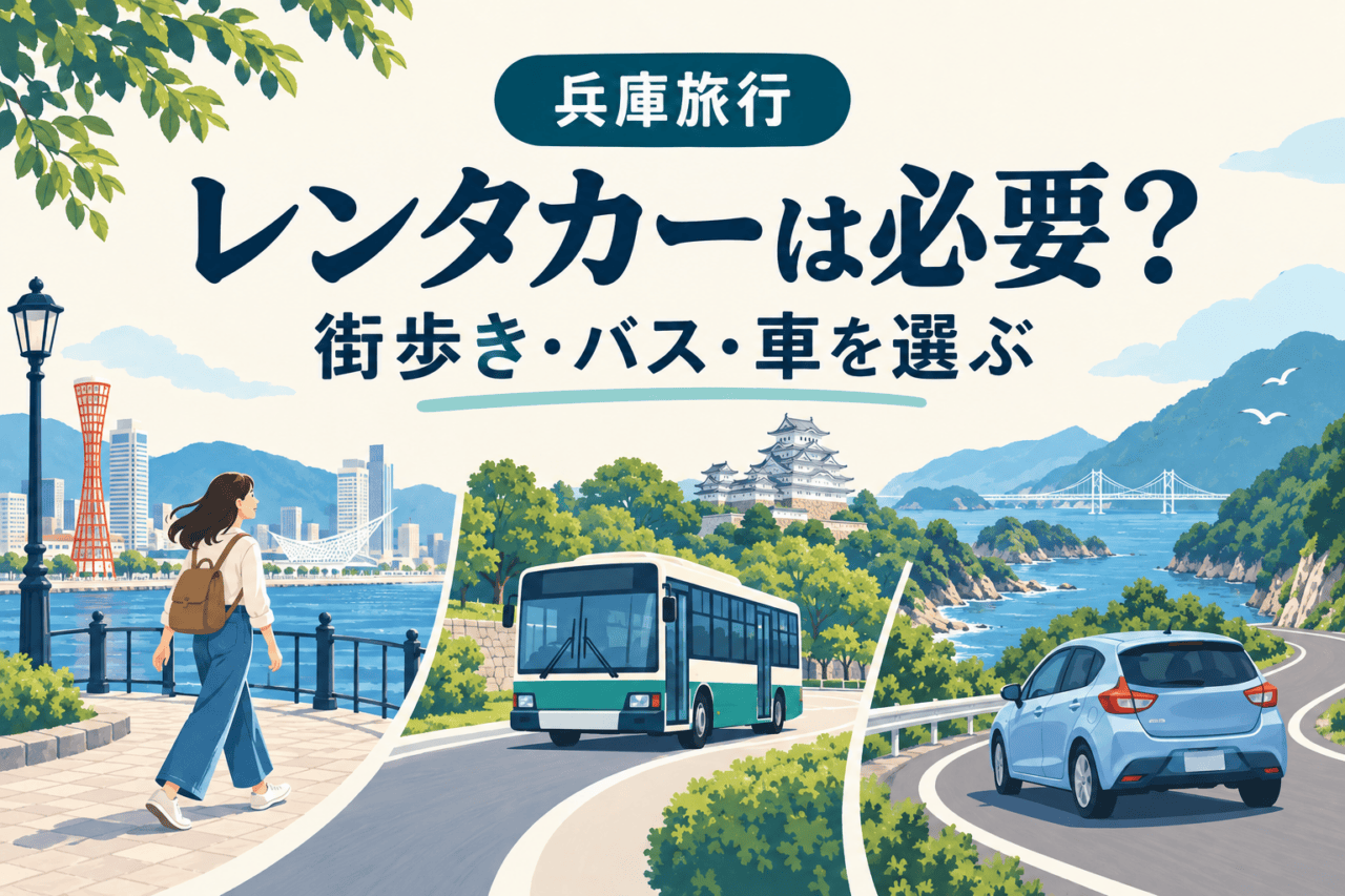 兵庫旅行、レンタカーは必要？街歩き・バス・車を選ぶ。歩く旅行者、バス、車を描いた独自の旅行イラスト。