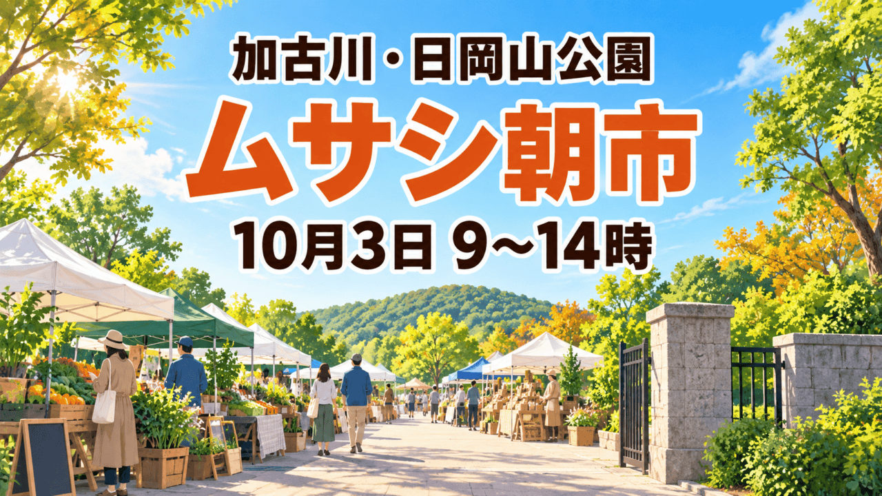 公園の朝市を抽象的に描いたイラスト。「加古川・日岡山公園」「ムサシ朝市」「10月3日 9〜14時」と表示。実際の会場や出店を撮影した写真ではありません。