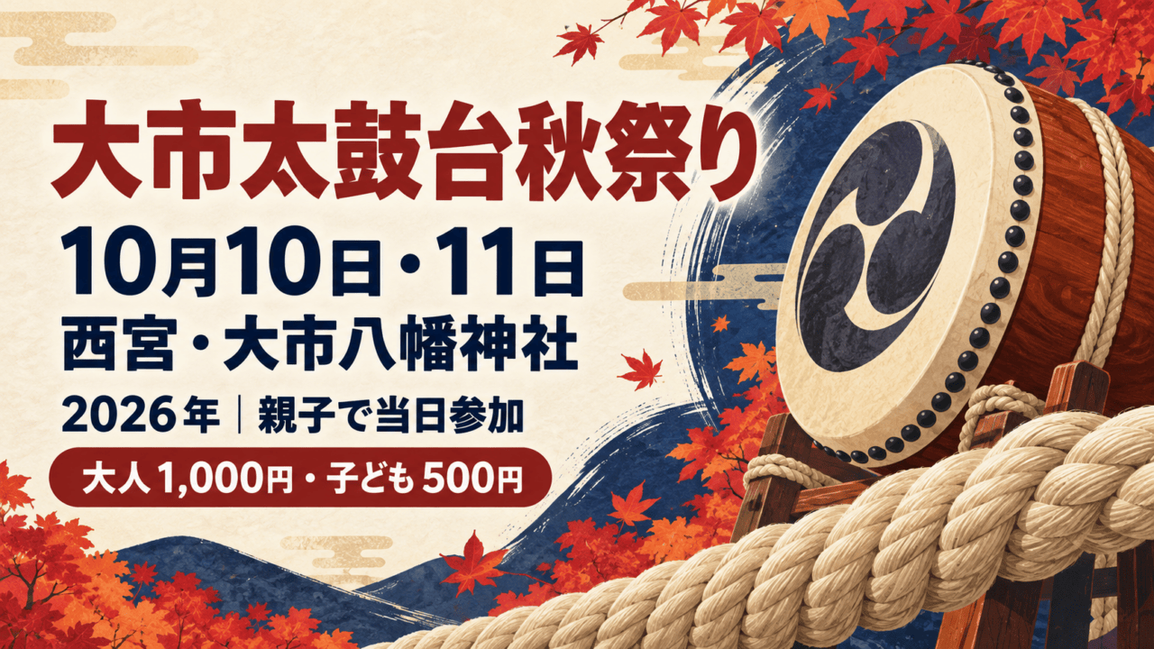 大市太鼓台は10月10日・11日曳行｜参加受付・料金と門戸厄神前の予定。日付・会場と参加条件を示した生成イメージ。