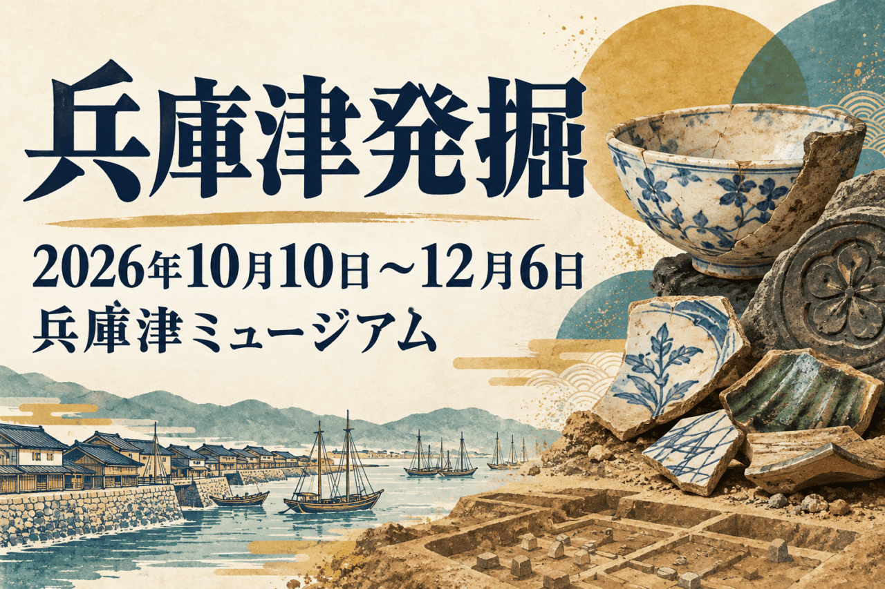 兵庫津発掘、2026年10月10日～12月6日、兵庫津ミュージアムを案内する陶磁器と港町のイメージイラスト