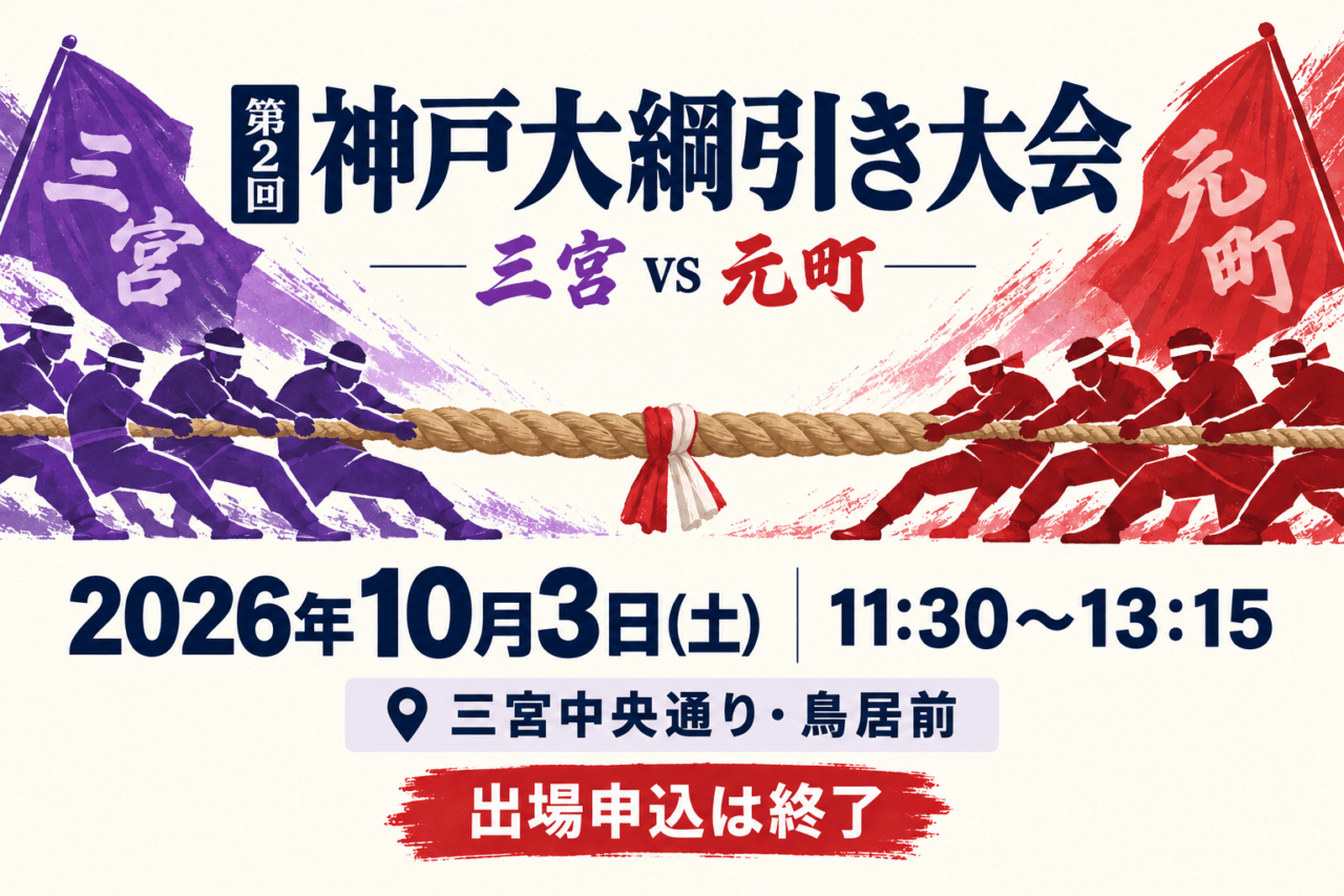第2回神戸大綱引き大会、2026年10月3日11:30〜13:15、三宮中央通り・鳥居前、出場申込終了の説明イラスト