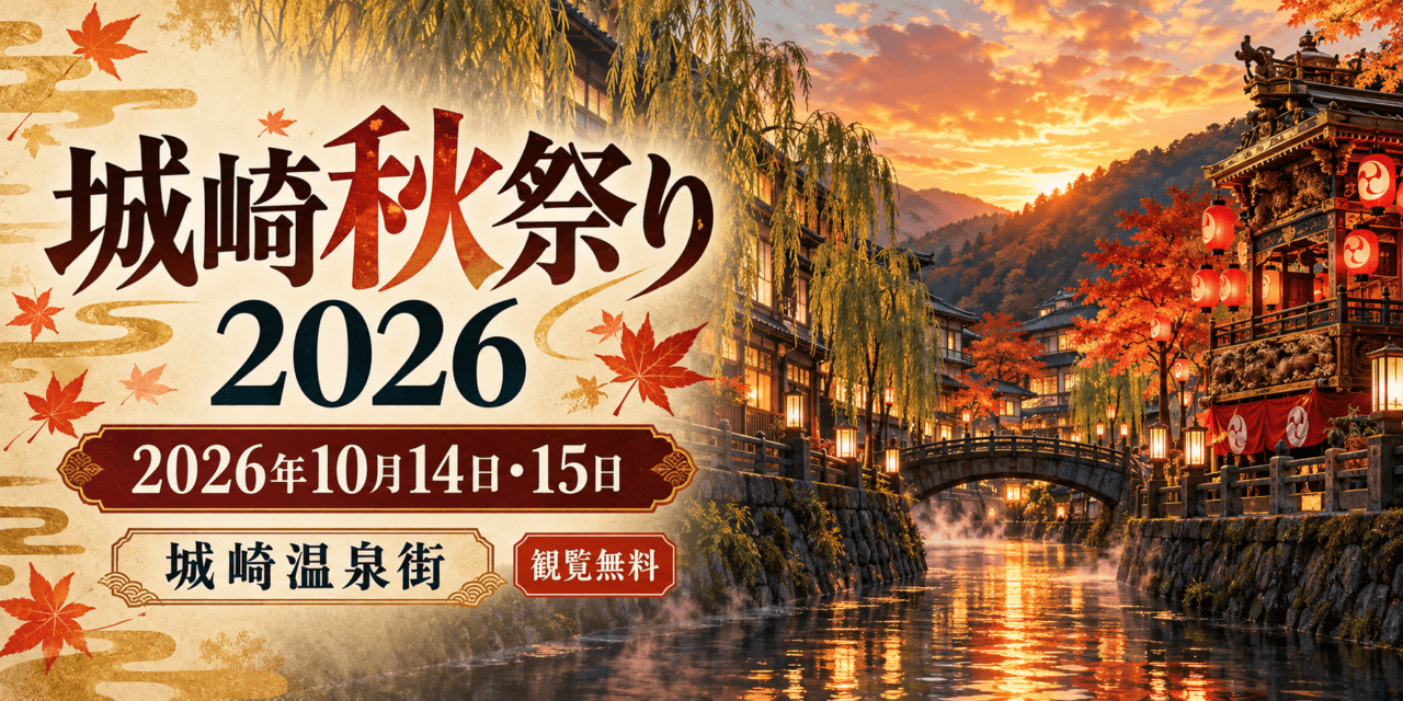 城崎秋祭り2026、2026年10月14日・15日、城崎温泉街。柳と川沿いの祭りを描く生成イラスト