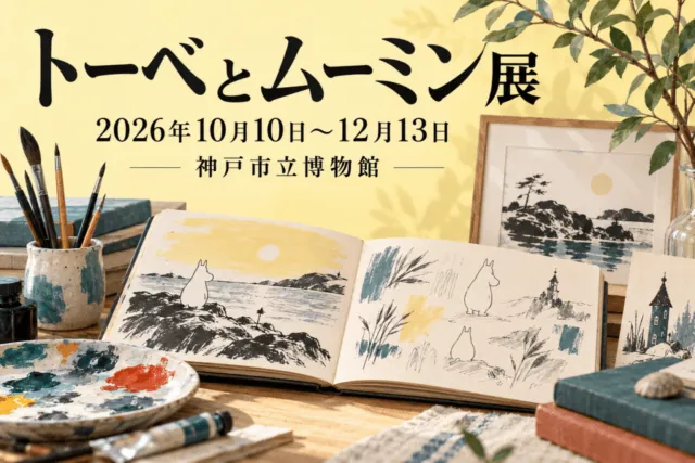 トーベとムーミン展。2026年10月10日～12月13日、神戸市立博物館。画材と架空のスケッチブックを配した生成イメージ。
