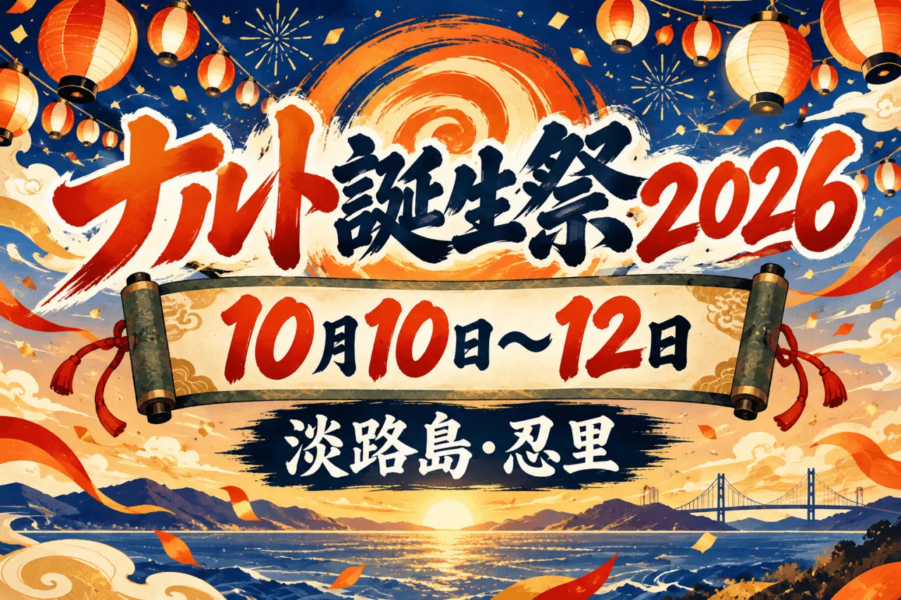 ナルト誕生祭2026。10月10～12日、淡路島。巻物と提灯を描いた案内用の生成イラスト。