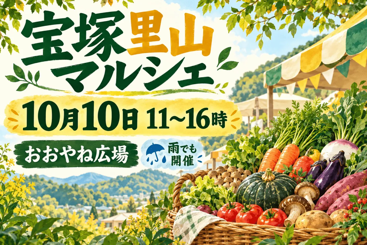 宝塚里山マルシェ、10月10日11～16時、おおやね広場。雨でも開催。野菜と小さな市場を描く案内用生成イラスト。