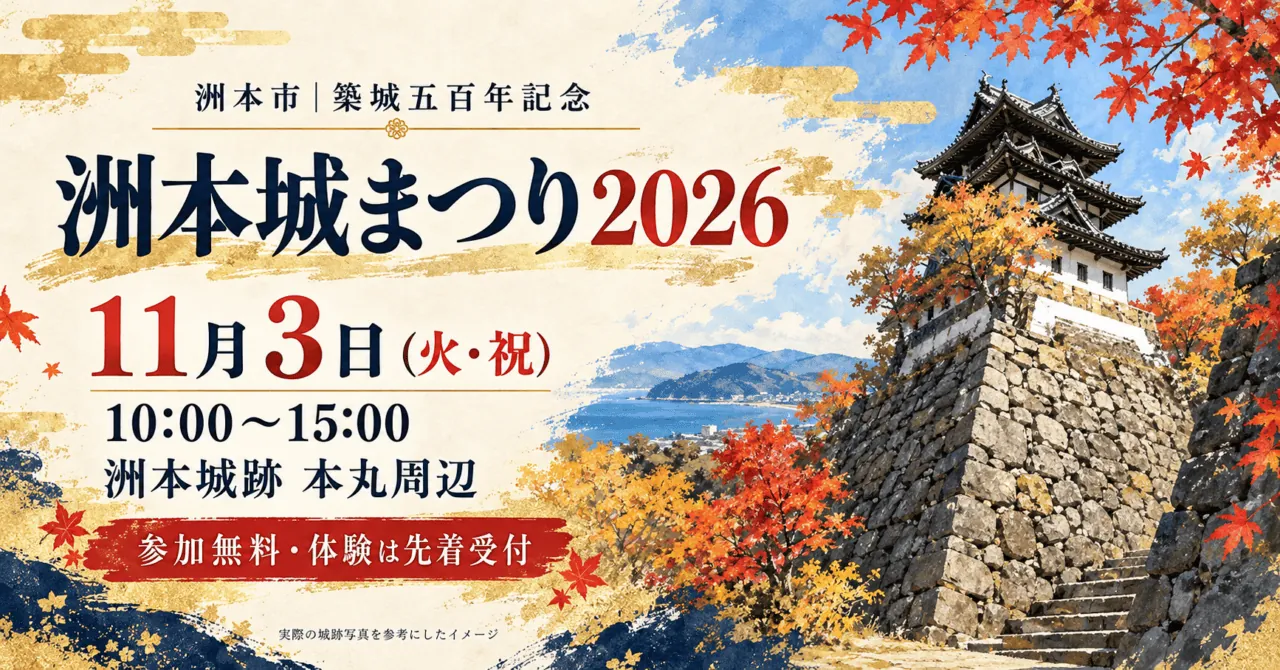 築城五百年記念 洲本城まつり2026、11月3日火曜祝日10時〜15時、洲本城跡本丸周辺。実城写真を参考にした生成イメージ。