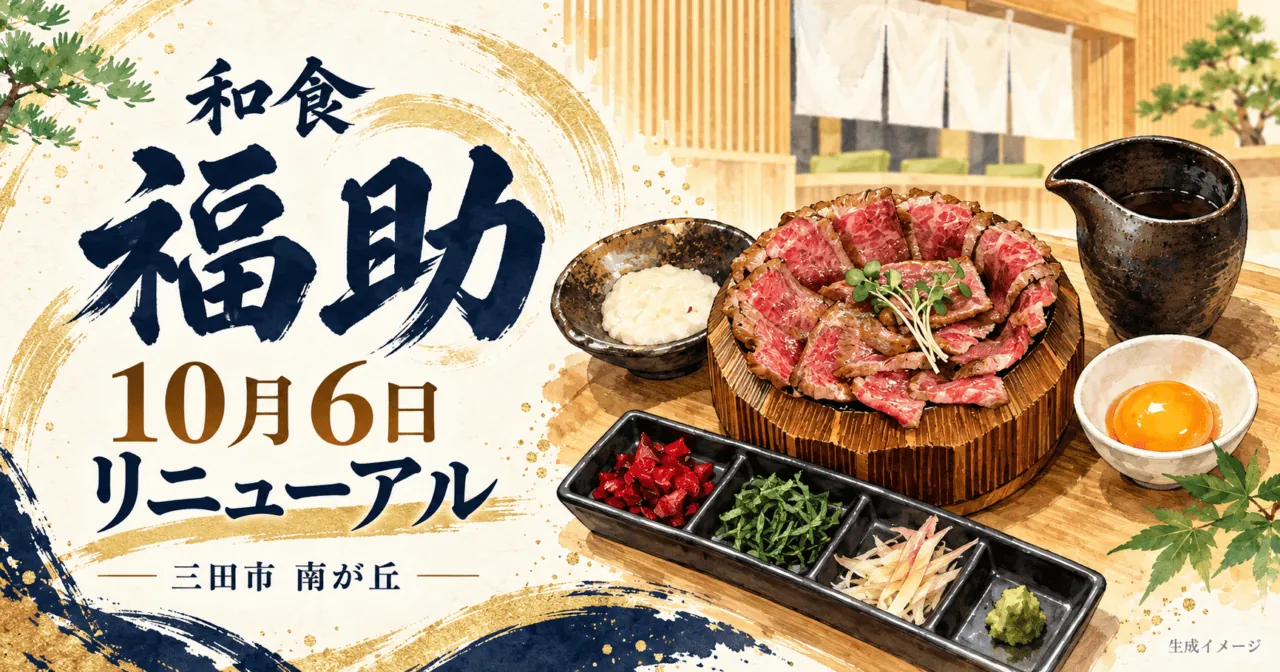 三田市の和食福助、10月6日リニューアル。公式の和牛ひつまぶし膳を参考にした案内用生成イラスト。