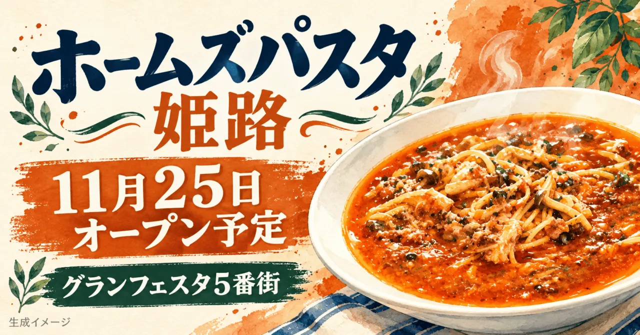 ホームズパスタ姫路、11月25日オープン予定、姫路グランフェスタ5番街。公式料理写真を参考にしたスープスパゲッティの生成イラスト。