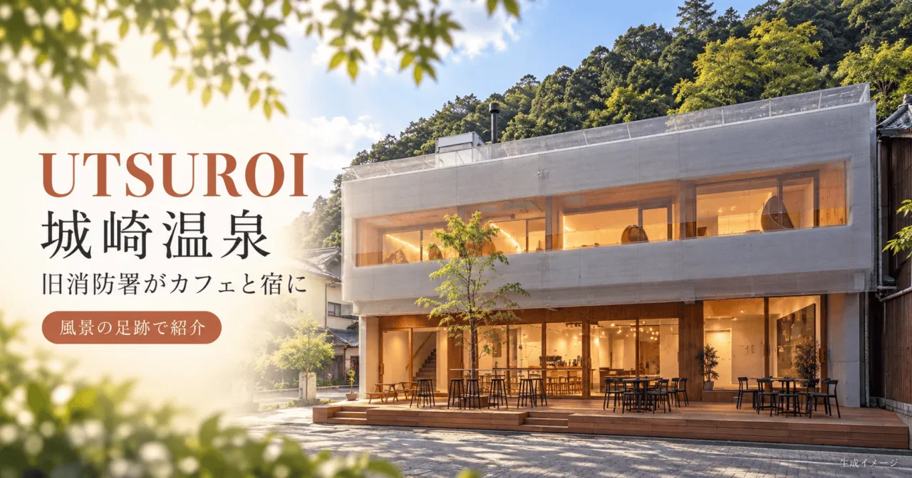 城崎温泉 UTSUROI。旧消防署がカフェと宿に。実際の横長の外観をモチーフにした生成イメージ