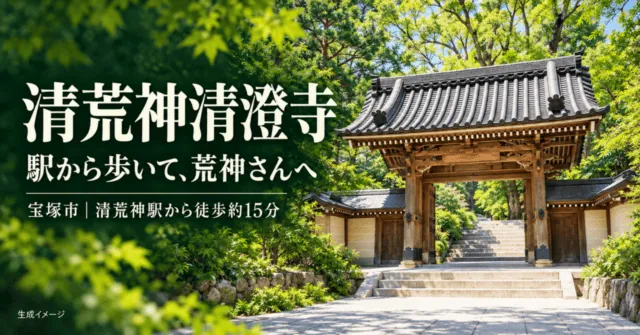 清荒神清澄寺。駅から歩いて荒神さんへ、宝塚市・清荒神駅から徒歩約15分。山門写真を参考にしたイメージイラスト