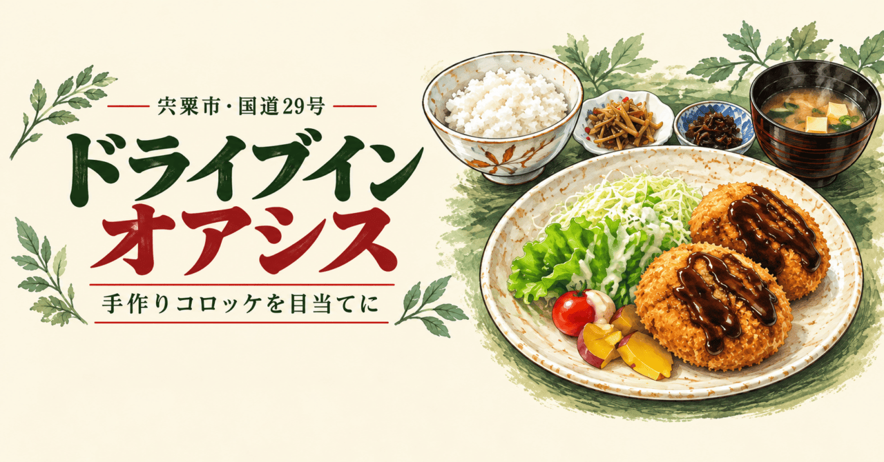 宍粟市・国道29号、ドライブインオアシス。手作りコロッケを目当てに。公式料理写真を参考にした生成イメージ
