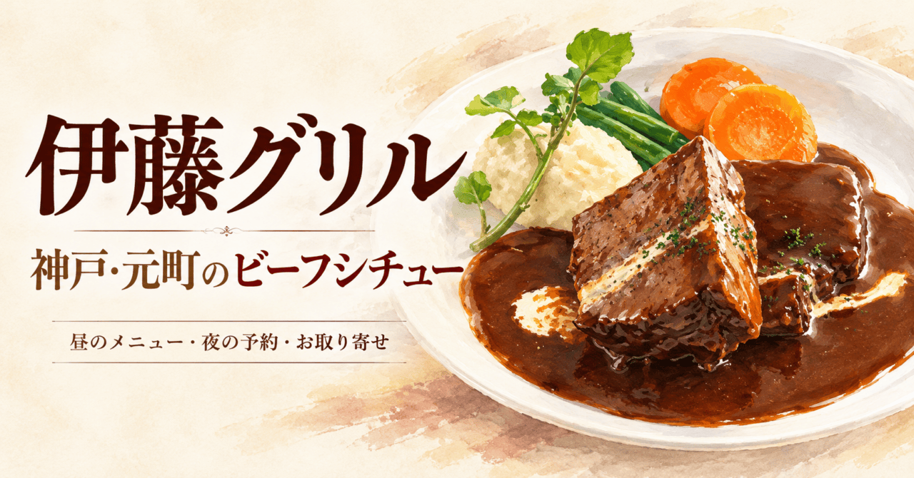 伊藤グリル、神戸・元町のビーフシチュー。昼のメニュー・夜の予約・お取り寄せ。実際の料理写真を参考にした生成イラスト