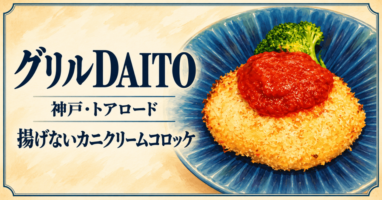 グリルDAITO、神戸・トアロード、揚げないカニクリームコロッケ。青い皿の料理写真を参考にした生成イラスト