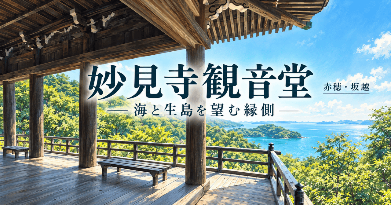 妙見寺観音堂 赤穂・坂越 海と生島を望む縁側（実写真を参考にしたイラスト）