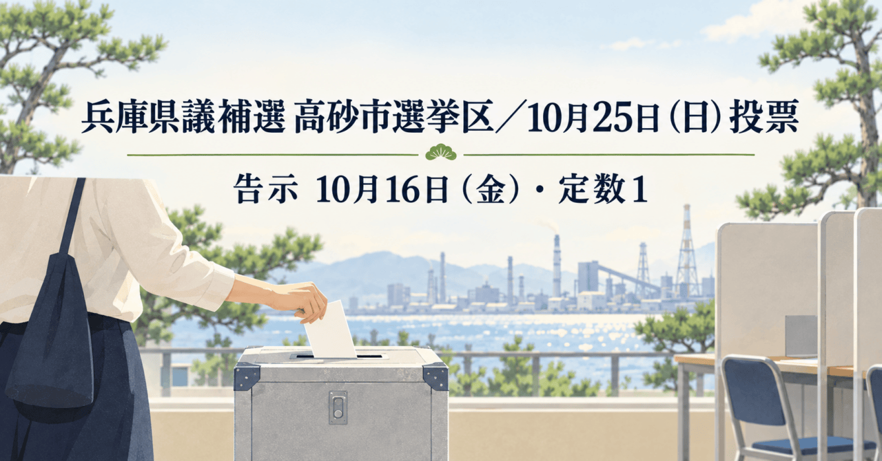 兵庫県議補選 高砂市選挙区、10月25日（日）投票、告示10月16日（金）・定数1。投票箱に投票用紙を入れる手と高砂の海沿いの工場群のイラスト