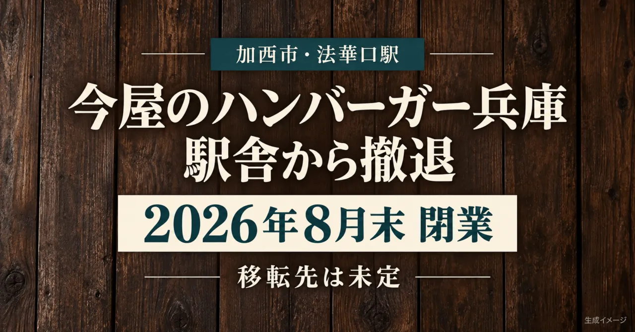 今屋のハンバーガー兵庫・法華口駅舎から撤退、8月末閉業、移転先未定。公式写真の木壁をモチーフにした生成イメージ