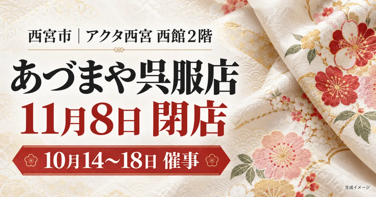あづまや呉服店 アクタ西宮店11月8日閉店、10月14〜18日催事。白い着物と花の色合いを使った生成イメージ