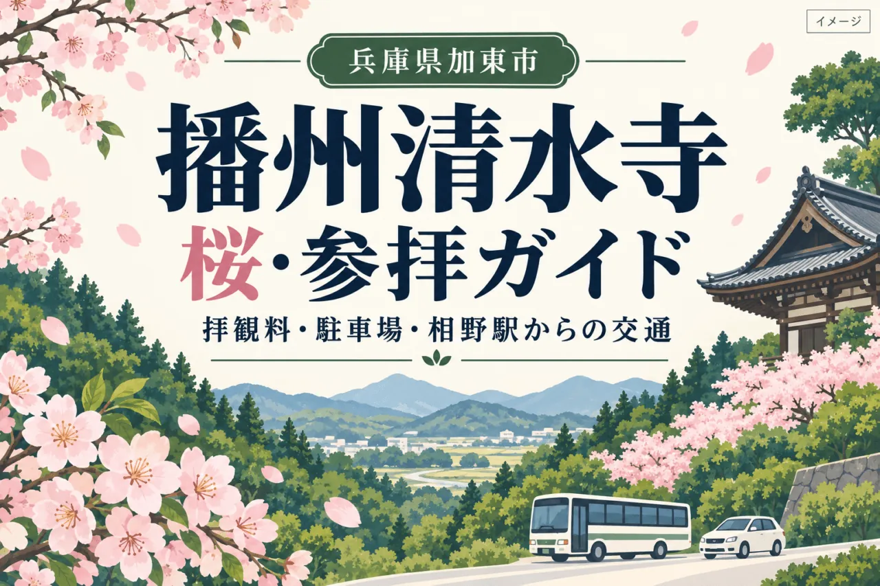 播州清水寺の桜・参拝ガイド。兵庫県加東市の拝観料・駐車場・相野駅からの交通を確認する案内イラスト。