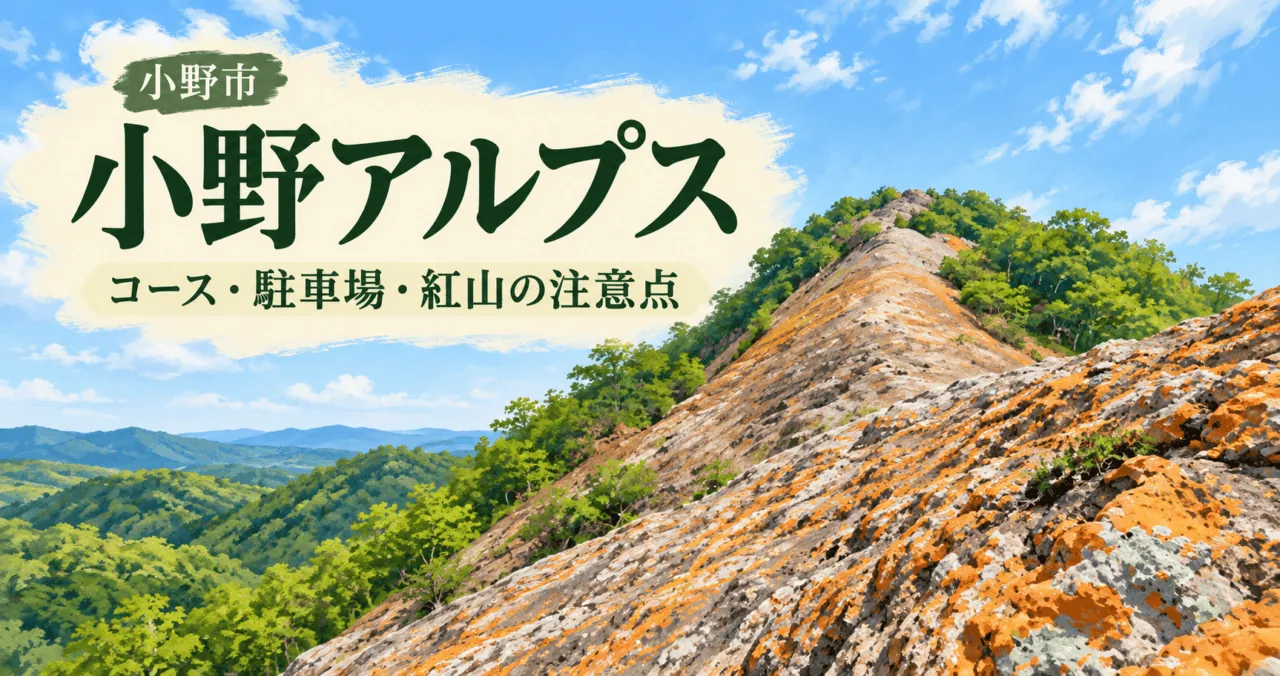 小野市・小野アルプス、コース・駐車場・紅山の注意点（紅山の岩場を参考にした生成イメージ）