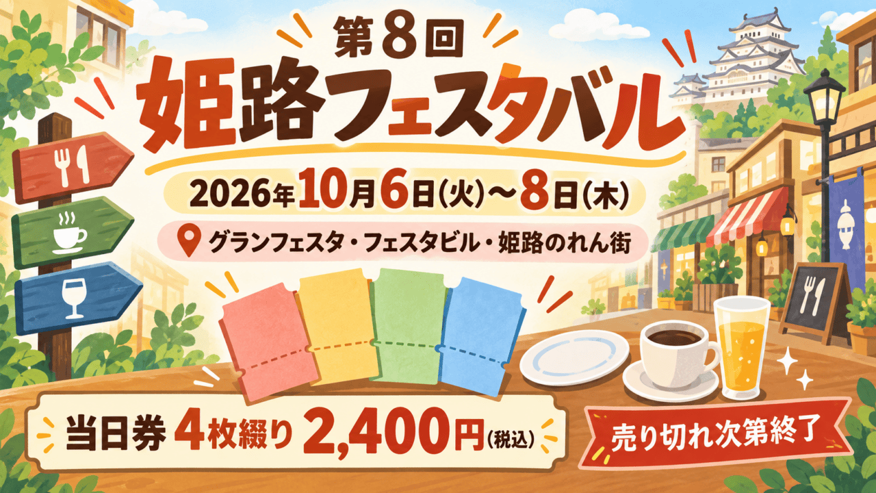 第8回姫路フェスタバル、2026年10月6〜8日、グランフェスタ・フェスタビル・姫路のれん街、当日券4枚2400円税込と売切れ終了を示す説明イラスト