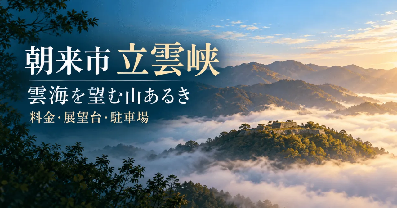 立雲峡から雲海の上に見える竹田城跡をモチーフにしたイメージ。料金と展望台までの歩行時間を案内