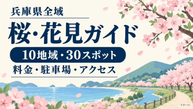 兵庫県全域の桜・花見ガイド。10地域・30スポットの料金・駐車場・アクセスを比べる案内イラスト。