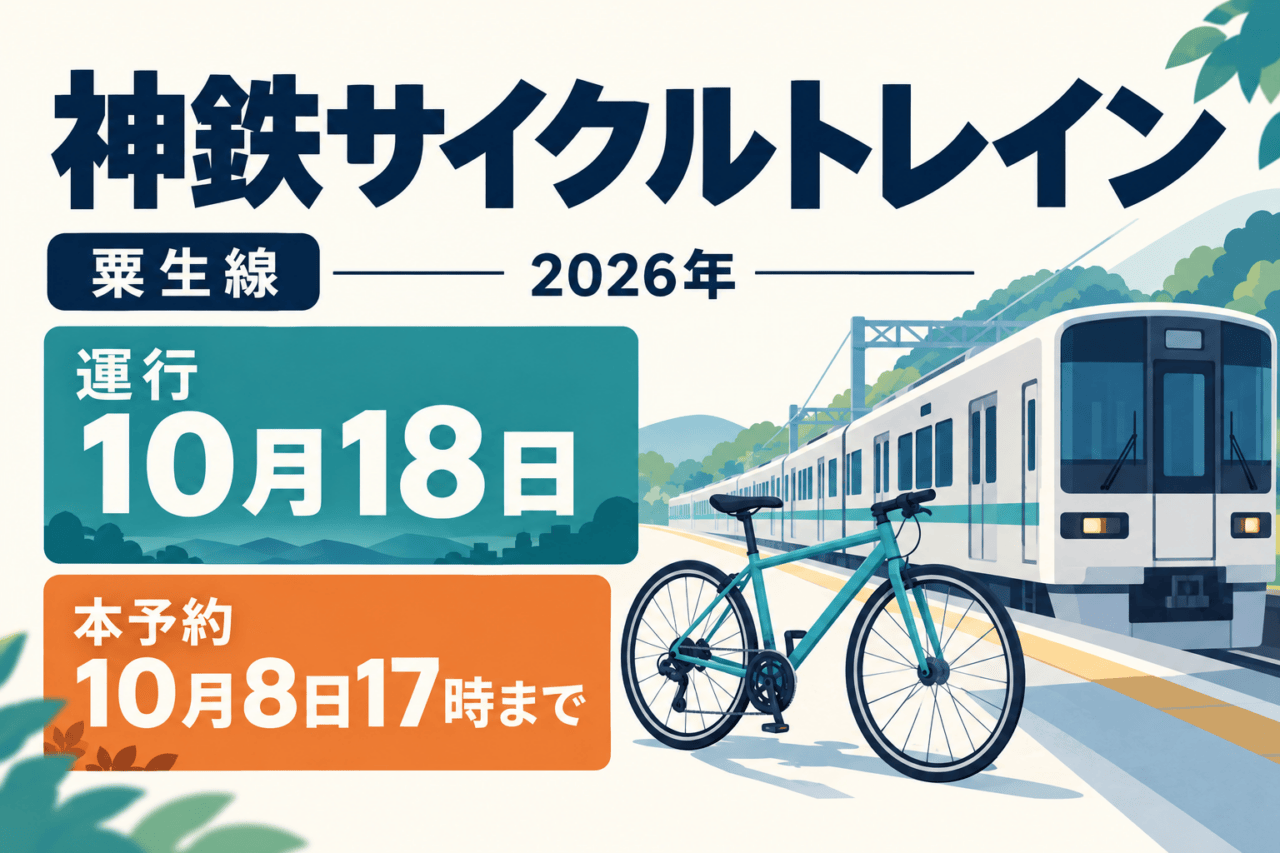 神鉄サイクルトレイン2026、粟生線。運行10月18日、本予約10月8日17時まで。自転車と列車の独自イラスト