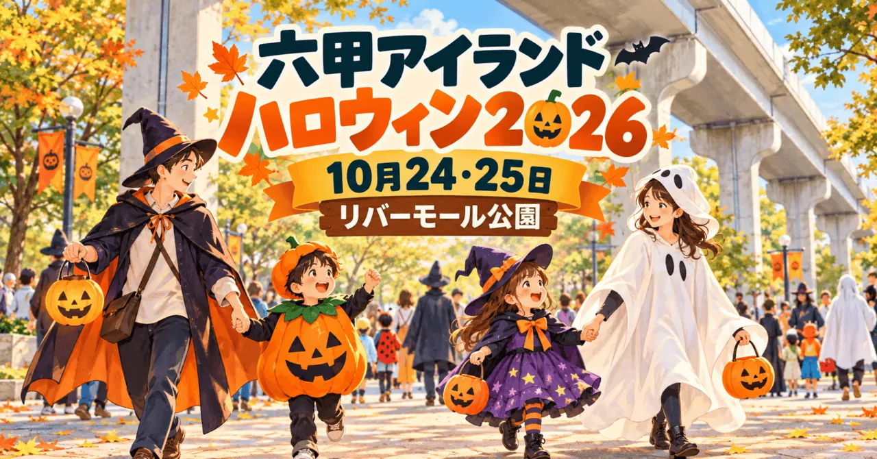 六甲アイランドハロウィン2026、10月24・25日、リバーモール公園。仮装した大人と子どものイメージイラスト