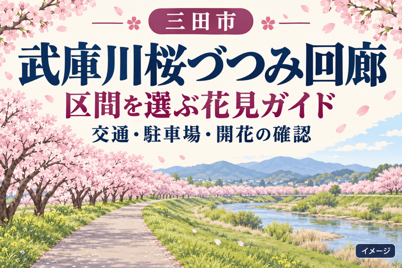 三田市・武庫川桜づつみ回廊。区間を選ぶ花見ガイド、交通・駐車場・開花の確認を案内するイラスト。