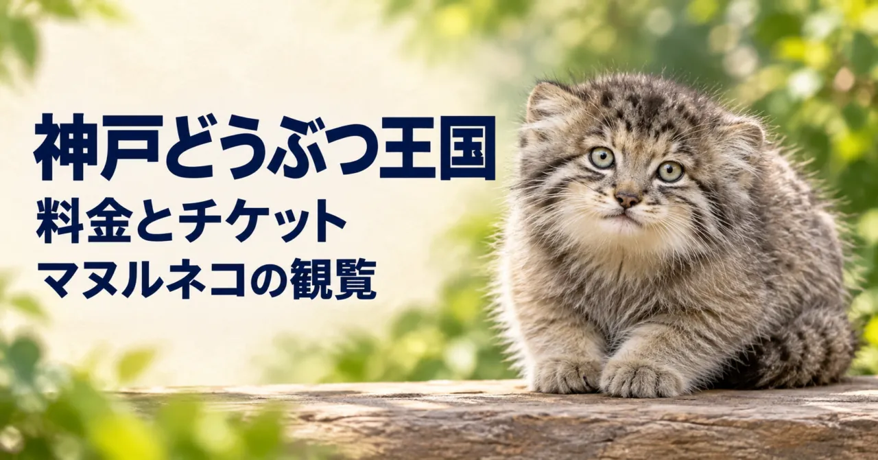 神戸どうぶつ王国のマヌルネコをモチーフにしたイメージ。「神戸どうぶつ王国」「料金とチケット」「マヌルネコの観覧」
