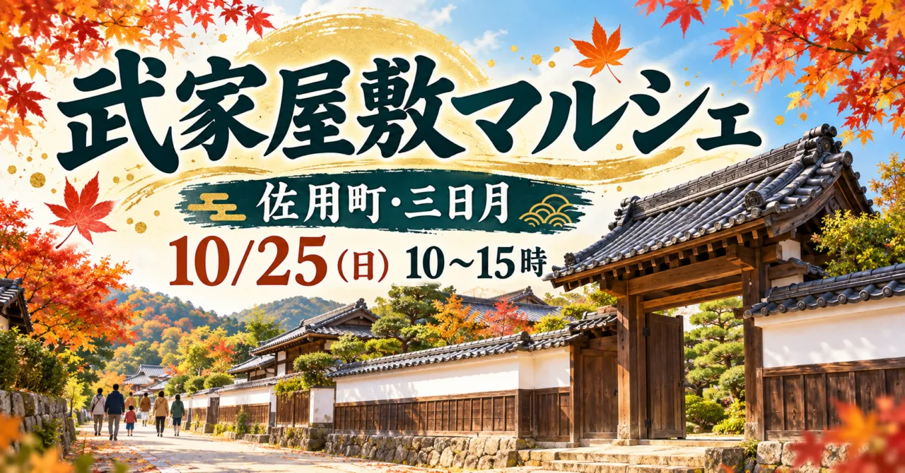 佐用町・三日月の武家屋敷マルシェ、10月25日10〜15時。公式の屋敷写真をモチーフにしたイメージイラスト。
