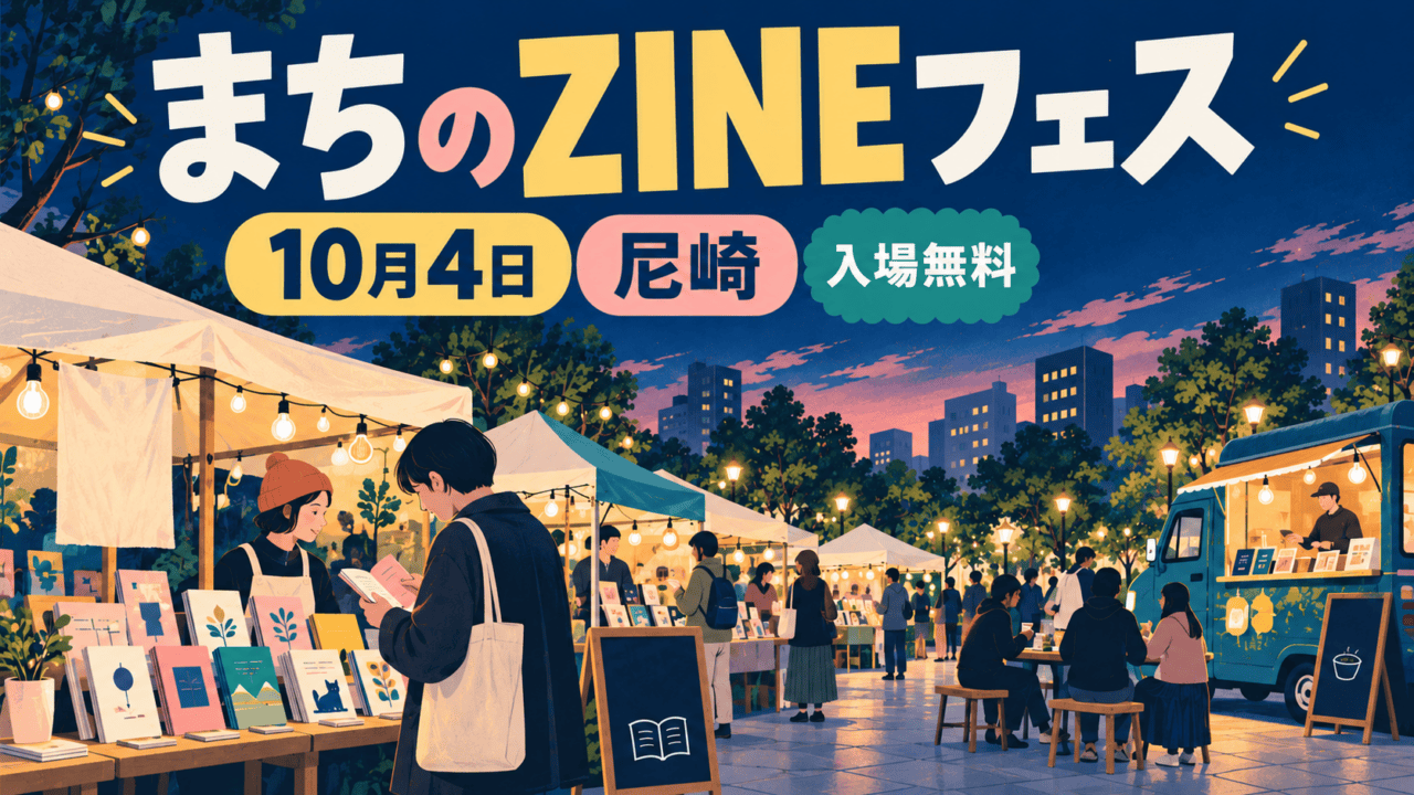 まちのZINEフェス、10月4日、尼崎、入場無料。夕暮れのZINEマーケットを表す編集イラスト