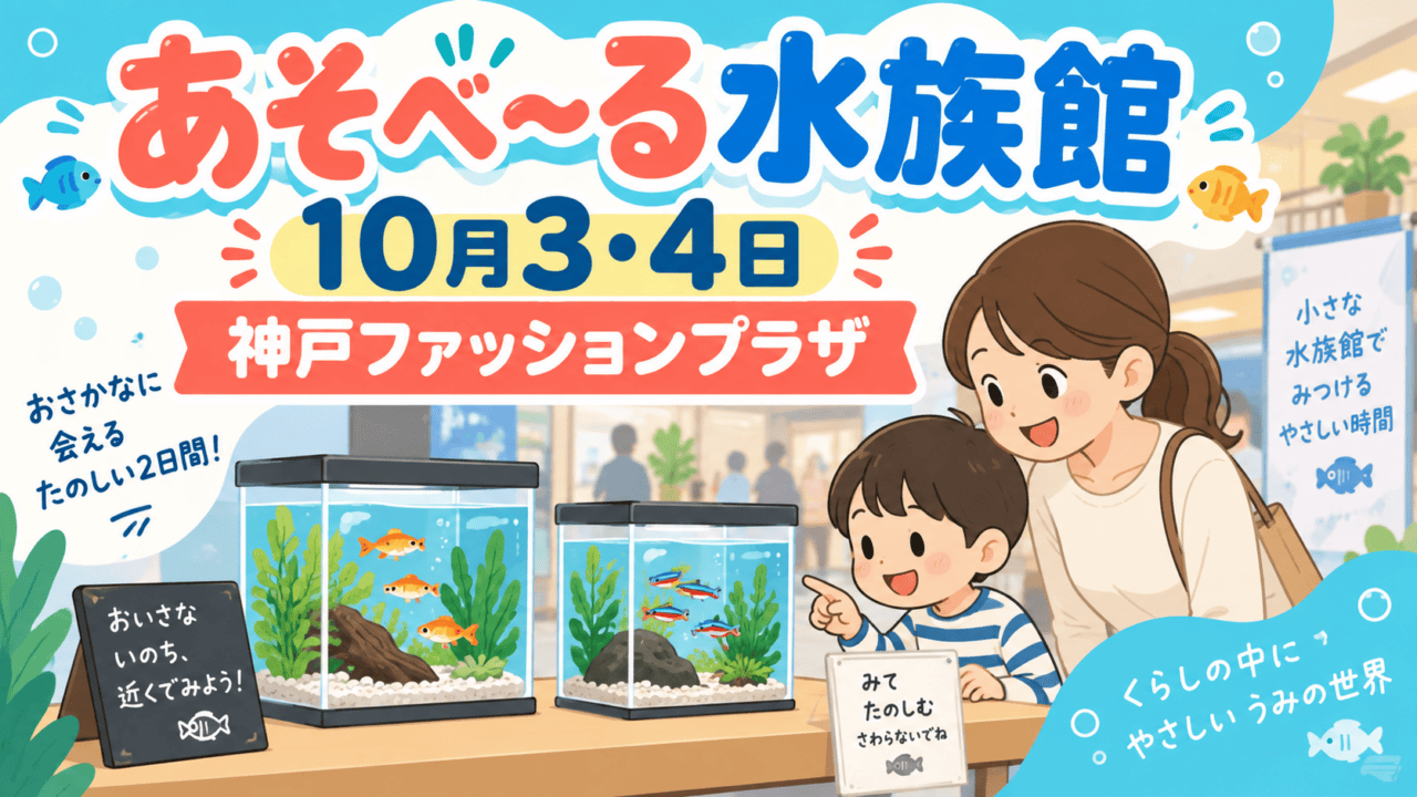 あそべ～る水族館、10月3・4日、神戸ファッションプラザ。水槽を見る親子の編集イラスト