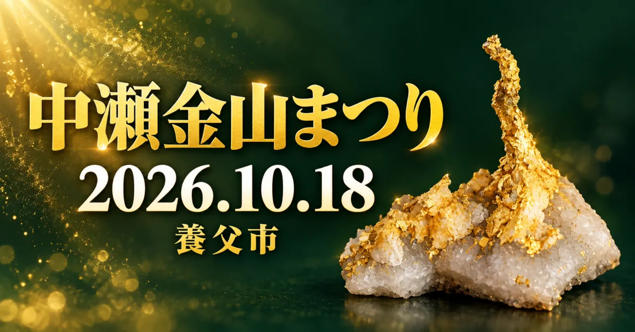 中瀬金山まつり、2026年10月18日、養父市。中瀬金山関所の自然金レプリカをモチーフにしたイメージイラスト