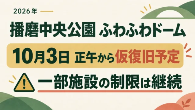 播磨中央公園ふわふわドーム。2026年10月3日正午から仮復旧予定。一部施設の制限は継続。抽象ドームと注意記号の案内