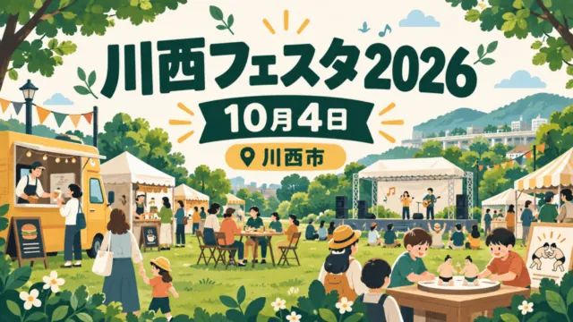 川西フェスタ2026、10月4日、川西市。公園のブースとステージを描いた編集イラスト