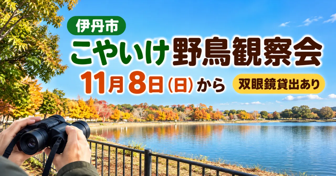 伊丹市のこやいけ野鳥観察会、11月8日日曜から・双眼鏡貸出あり。池岸をモチーフにしたイメージイラスト