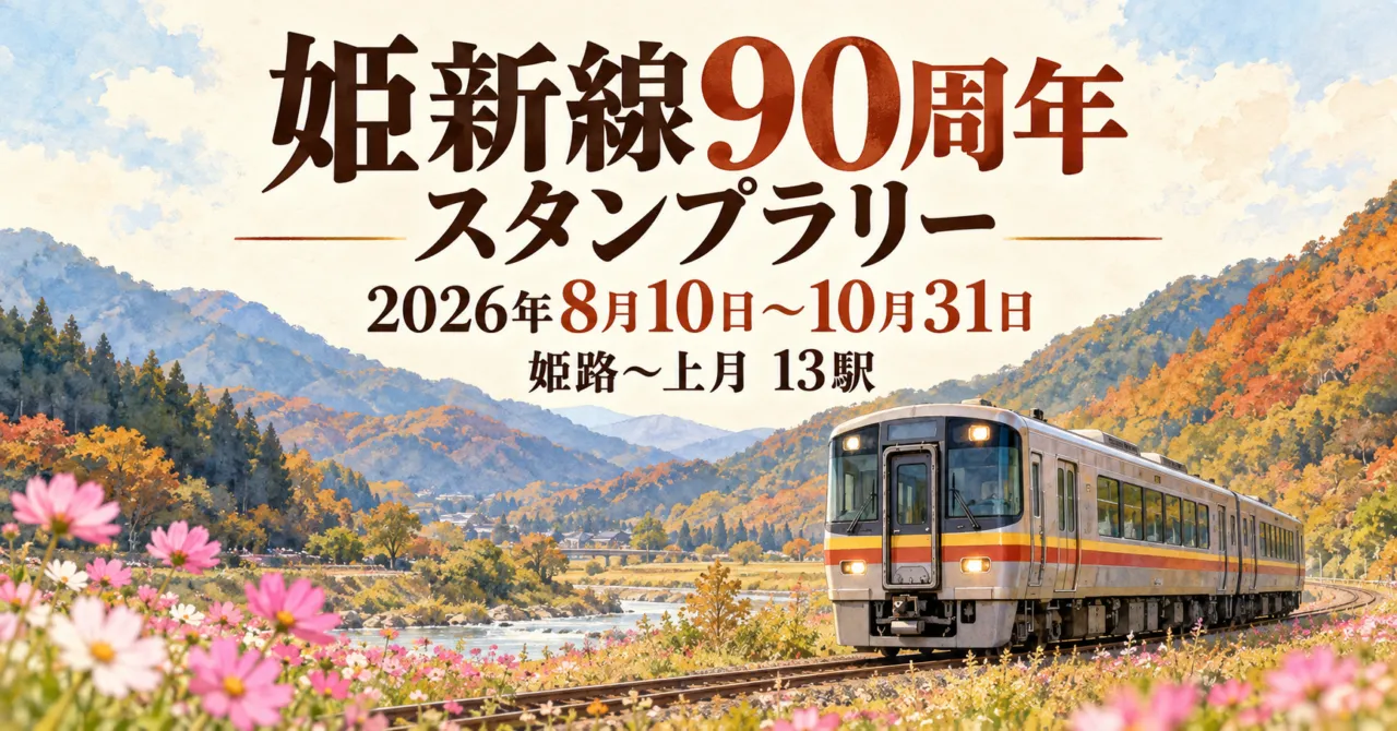 姫新線90周年スタンプラリー。2026年8月10日〜10月31日、姫路〜上月13駅のイメージイラスト