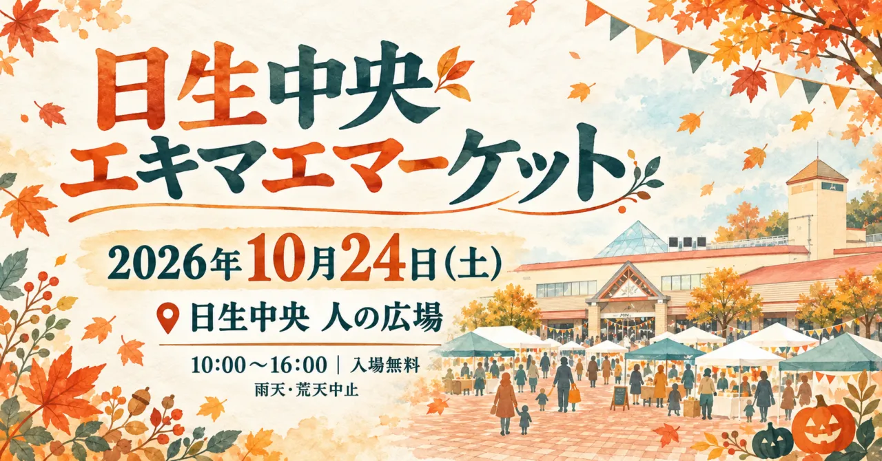 日生中央エキマエマーケット、2026年10月24日（土）10時〜16時、日生中央人の広場。入場無料・雨天荒天中止。