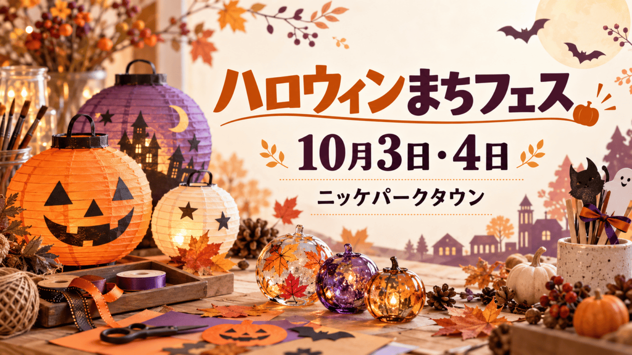 ハロウィンのランタン作りをイメージしたイラスト。「ハロウィンまちフェス」「10月3日・4日」「ニッケパークタウン」と表示。実際の会場や出展の写真ではありません。