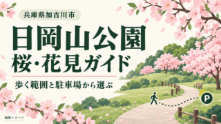 兵庫県加古川市・日岡山公園の桜・花見ガイド。歩く範囲と駐車場から選ぶ編集イメージ。