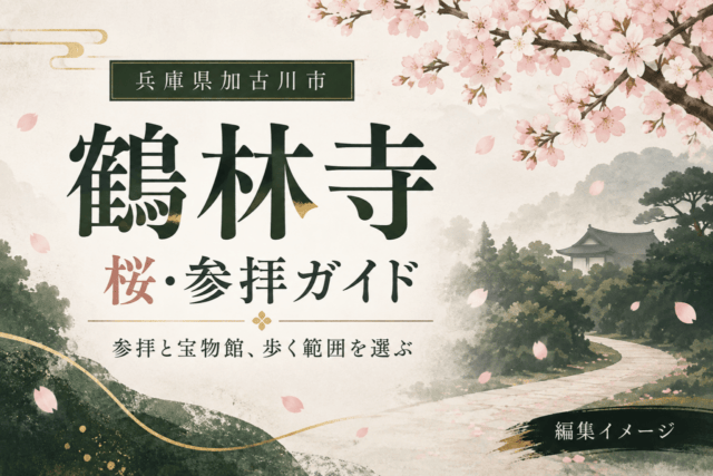 兵庫県加古川市・鶴林寺の桜・参拝ガイド。参拝と宝物館、歩く範囲を選ぶ編集イメージ。