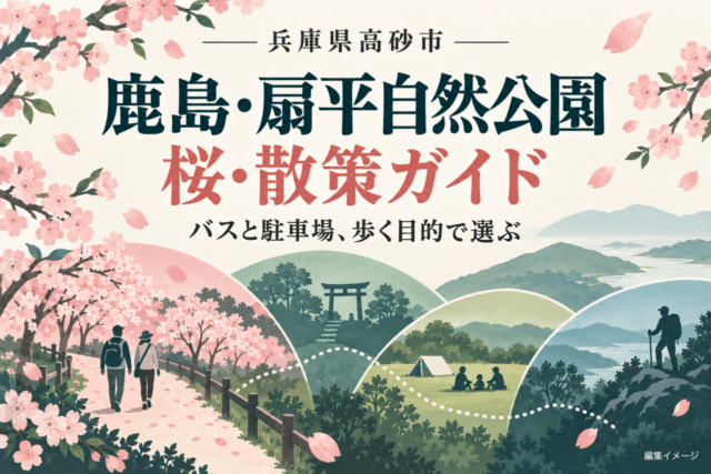 兵庫県高砂市・鹿島・扇平自然公園の桜・散策ガイド。バスと駐車場、歩く目的で選ぶ編集イメージ。