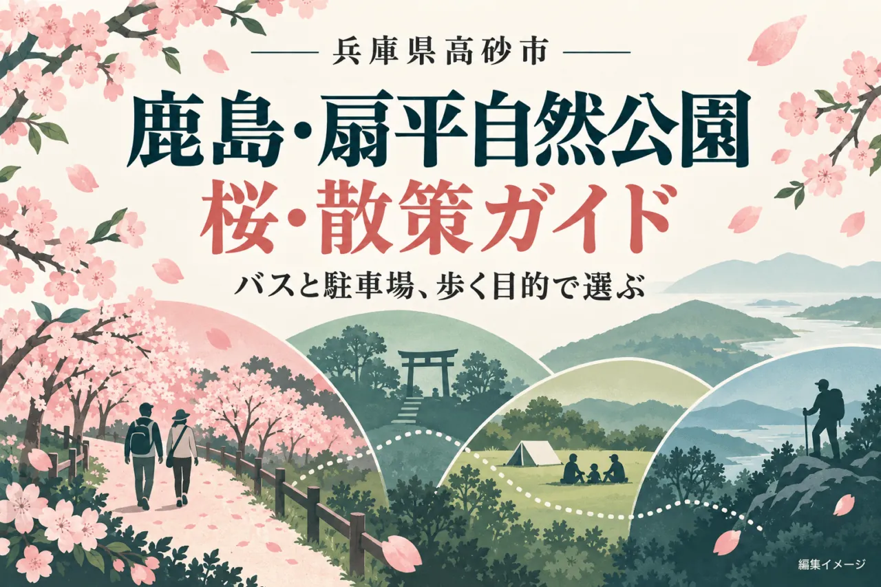 兵庫県高砂市・鹿島・扇平自然公園の桜・散策ガイド。バスと駐車場、歩く目的で選ぶ編集イメージ。