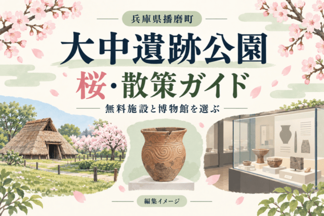 兵庫県播磨町・大中遺跡公園の桜・散策ガイド。無料施設と博物館を選ぶ編集イメージ。