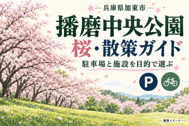 兵庫県加東市・播磨中央公園の桜・散策ガイド。駐車場と施設を目的で選ぶ編集イメージ。